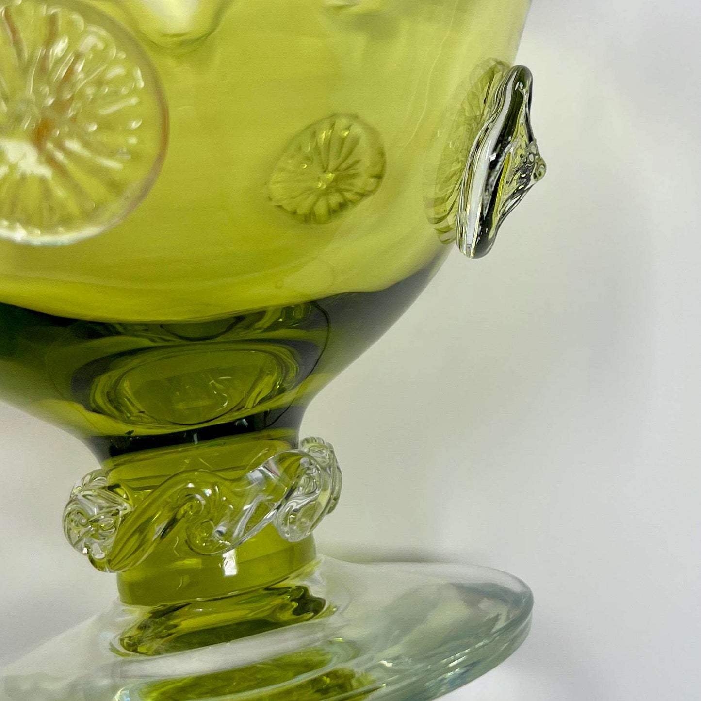 Green Hand Blown Glass Ruffled Top Compote with Applied Glass Trim - Southern Love Interiors