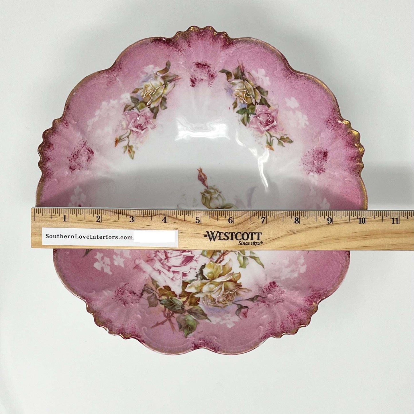 Pink Rose Floral Embossed Hand Painted Porcelain Serving Bowl w/ Gold Trim Scalloped Edges - Southern Love Interiors