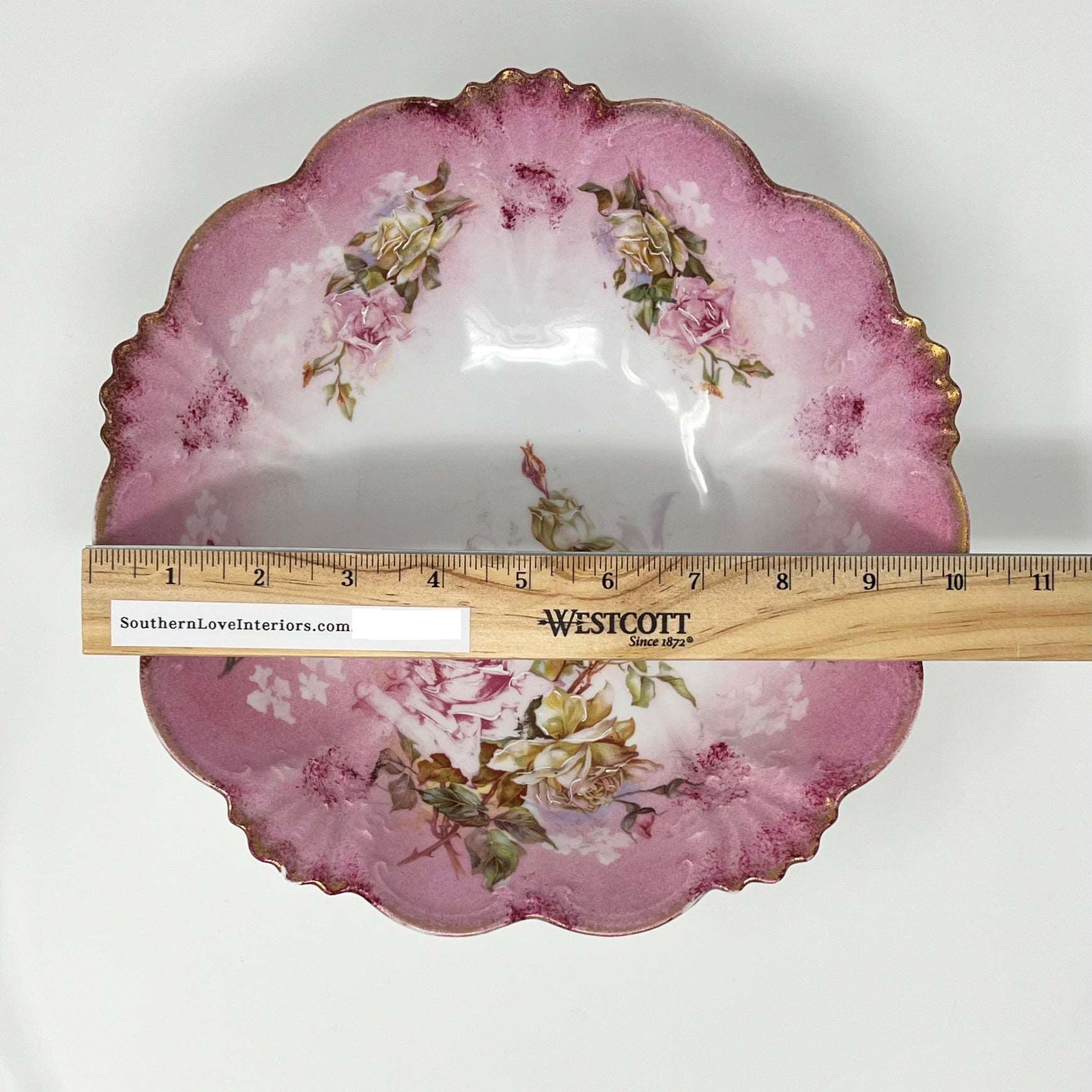 Pink Rose Floral Embossed Hand Painted Porcelain Serving Bowl w/ Gold Trim Scalloped Edges - Southern Love Interiors