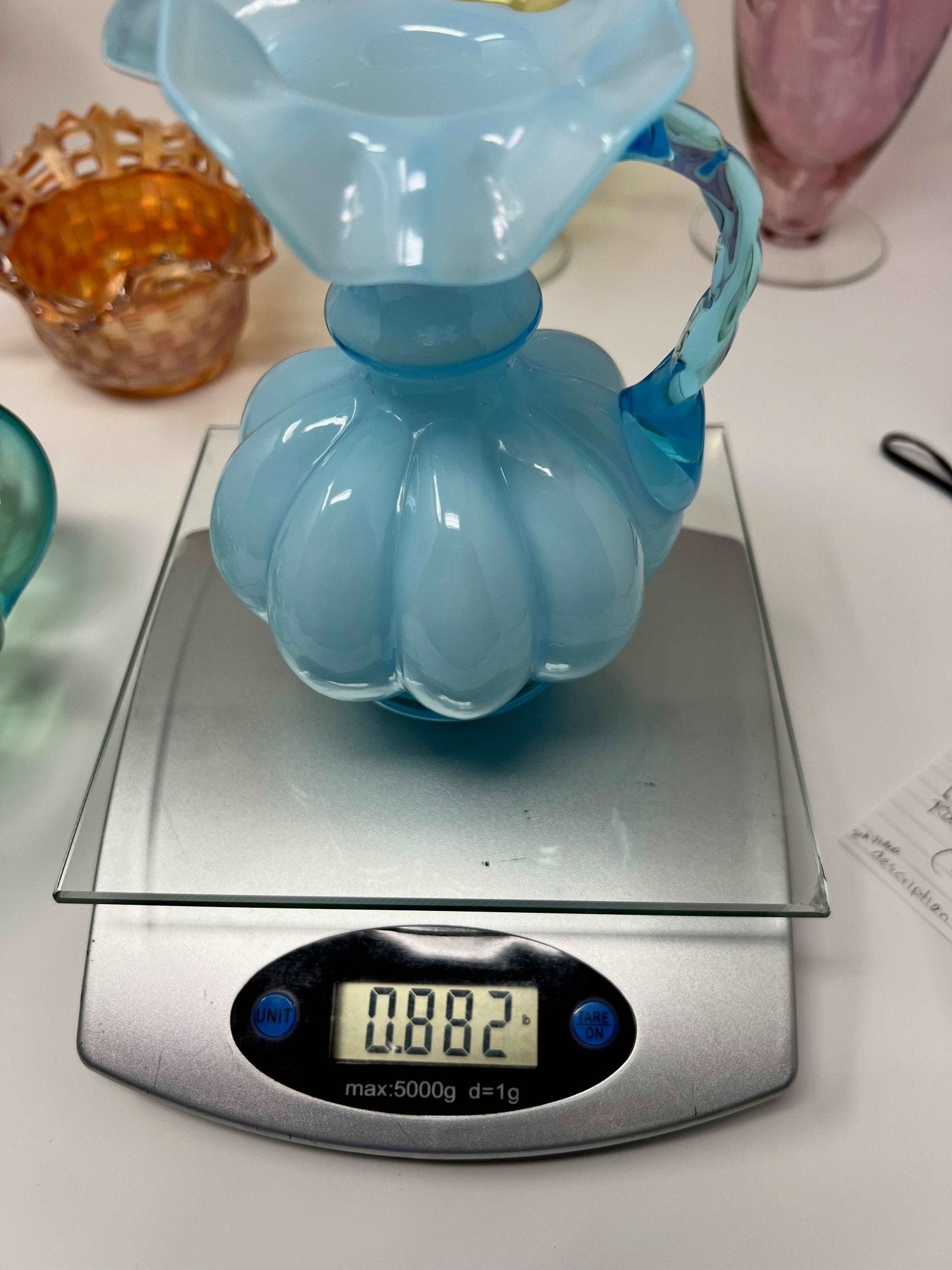 Fenton Glass Blue Overlay Ruffled Melon Pitcher - Southern Love Interiors