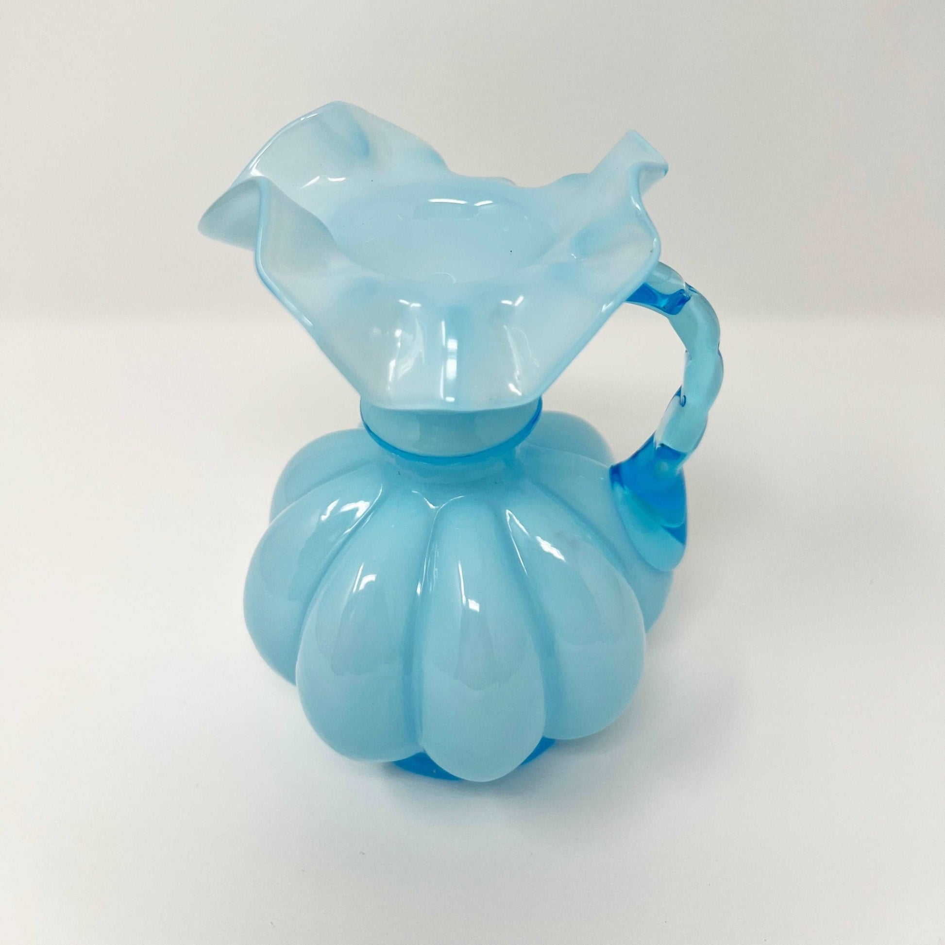 Fenton Glass Blue Overlay Ruffled Melon Pitcher - Southern Love Interiors