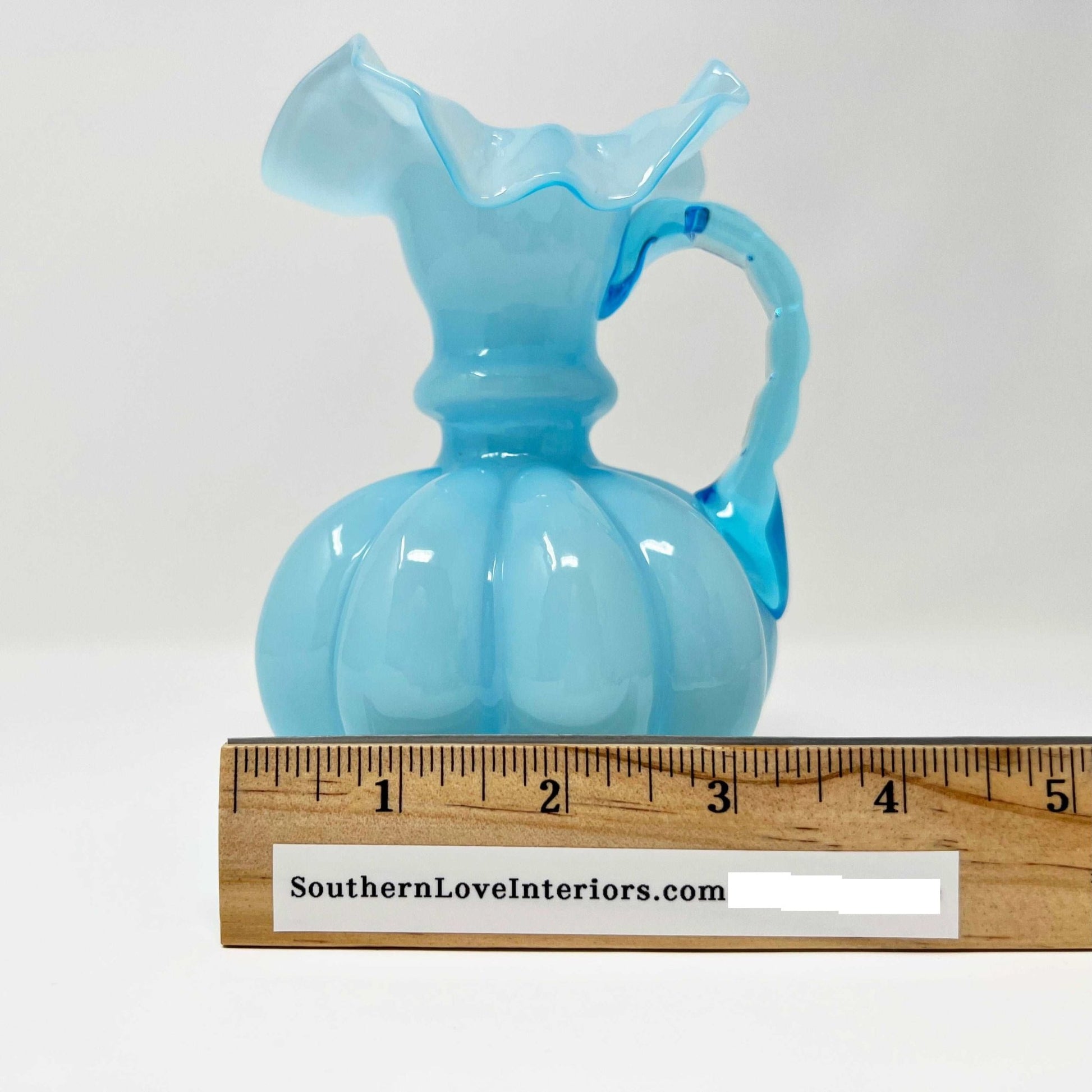 Fenton Glass Blue Overlay Ruffled Melon Pitcher - Southern Love Interiors