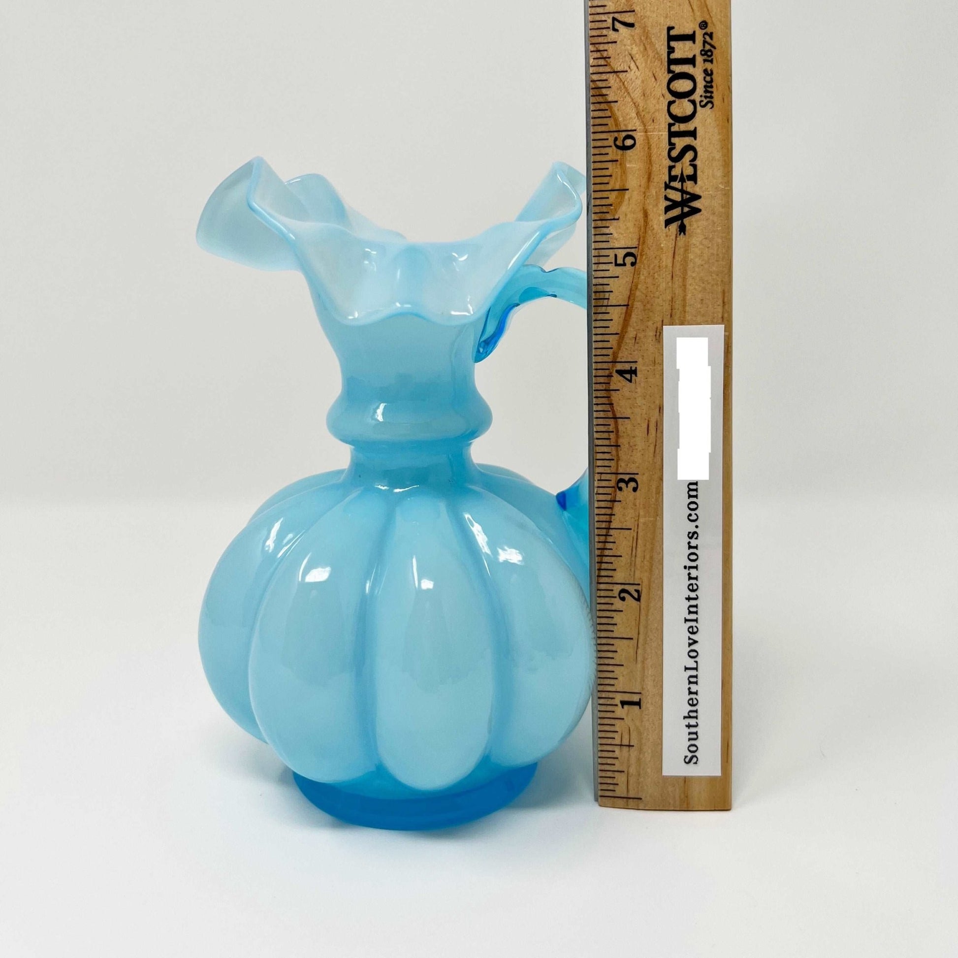 Fenton Glass Blue Overlay Ruffled Melon Pitcher - Southern Love Interiors