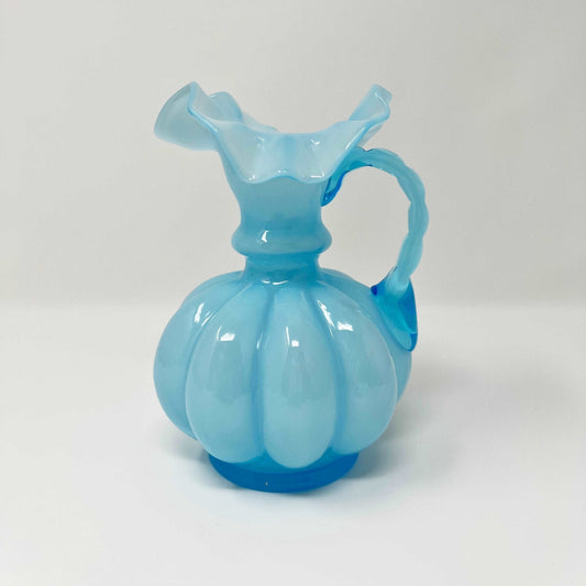 Fenton Glass Blue Overlay Ruffled Melon Pitcher - Southern Love Interiors