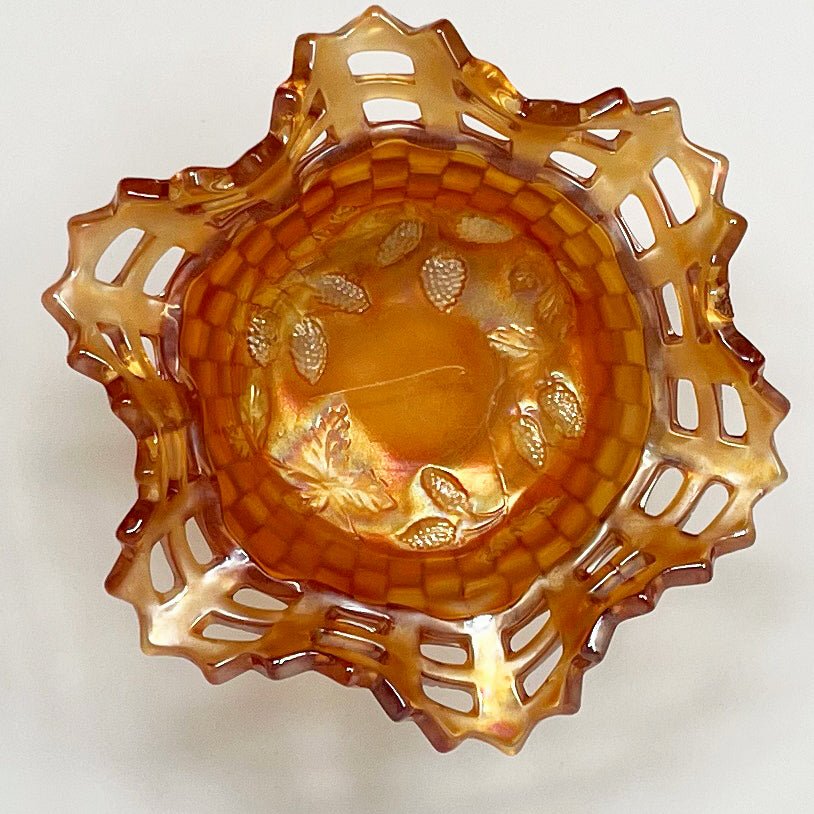 Fenton Marigold Amber Carnival Glass Blackberry Basket Weave Pattern Open Lacework Edge - Southern Love Interiors