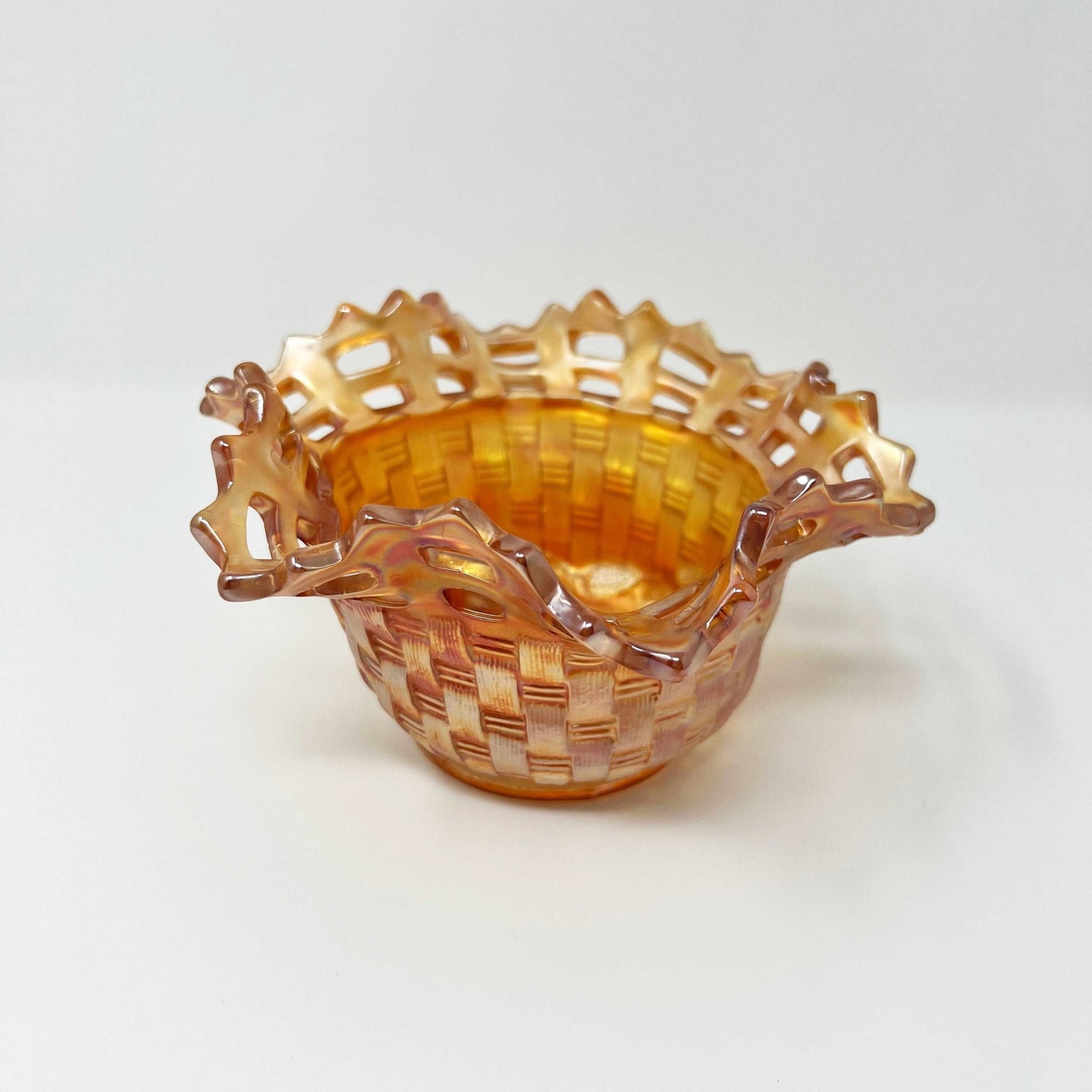 Fenton Marigold Amber Carnival Glass Blackberry Basket Weave Pattern Open Lacework Edge - Southern Love Interiors