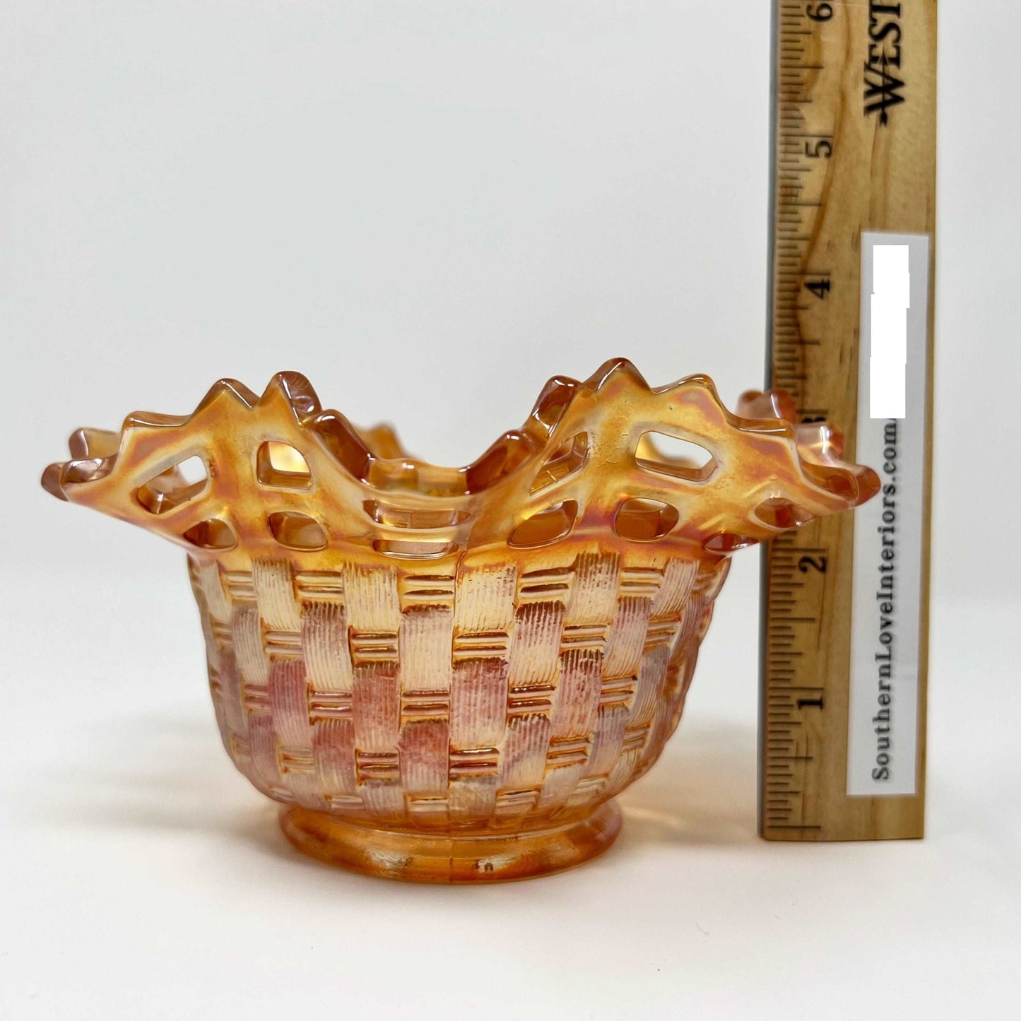 Fenton Marigold Amber Carnival Glass Blackberry Basket Weave Pattern Open Lacework Edge - Southern Love Interiors