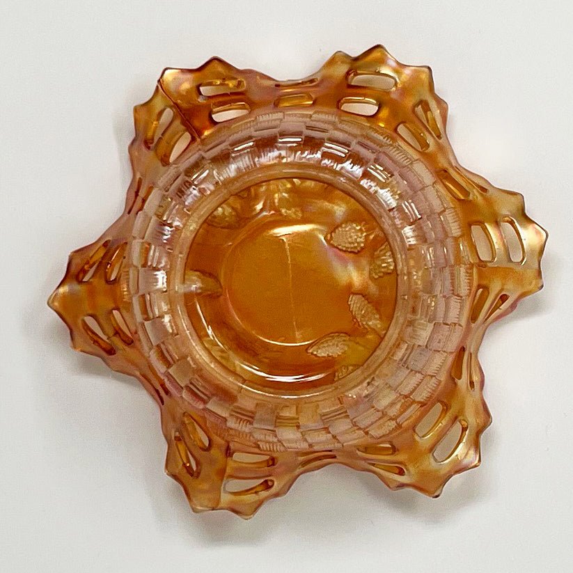 Fenton Marigold Amber Carnival Glass Blackberry Basket Weave Pattern Open Lacework Edge - Southern Love Interiors