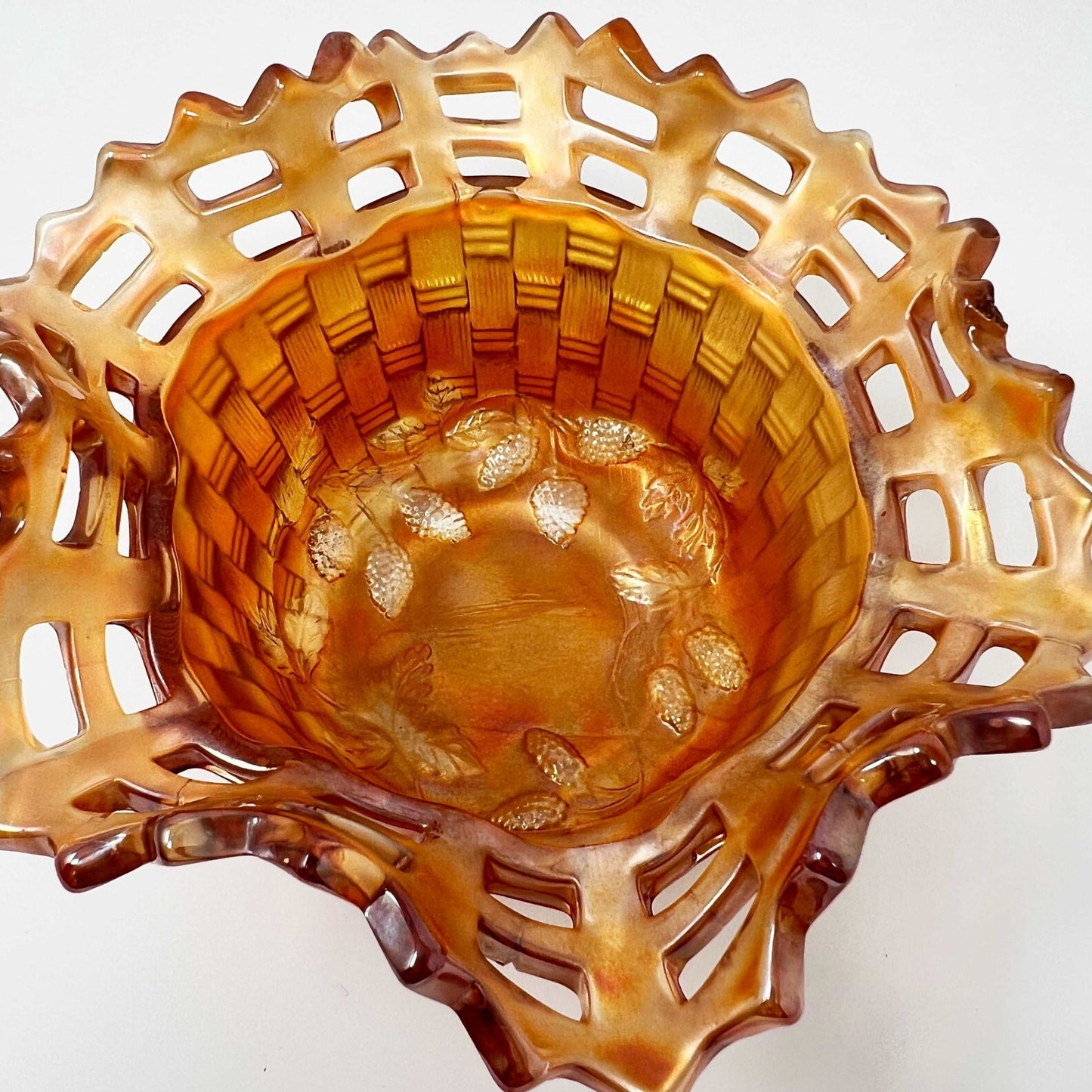 Fenton Marigold Amber Carnival Glass Blackberry Basket Weave Pattern Open Lacework Edge - Southern Love Interiors