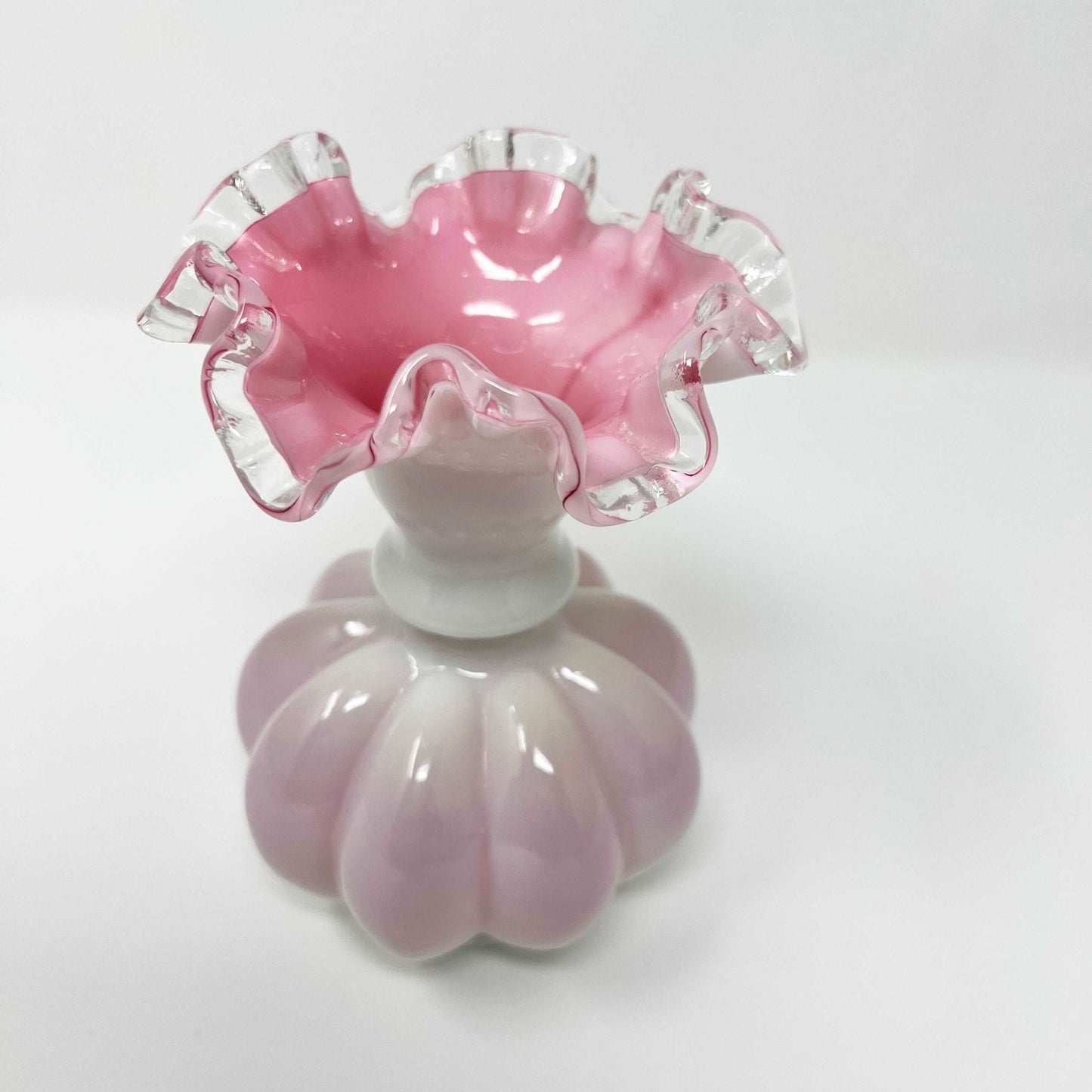 Fenton Peach Crest White Pink Milk Glass Melon Vase - Southern Love Interiors