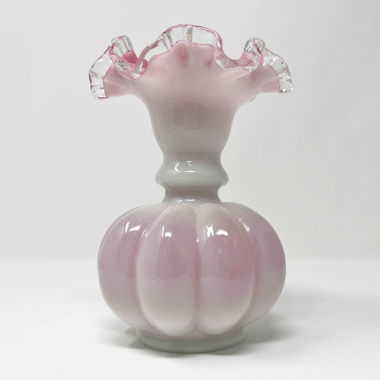 Fenton Peach Crest White Pink Milk Glass Melon Vase - Southern Love Interiors