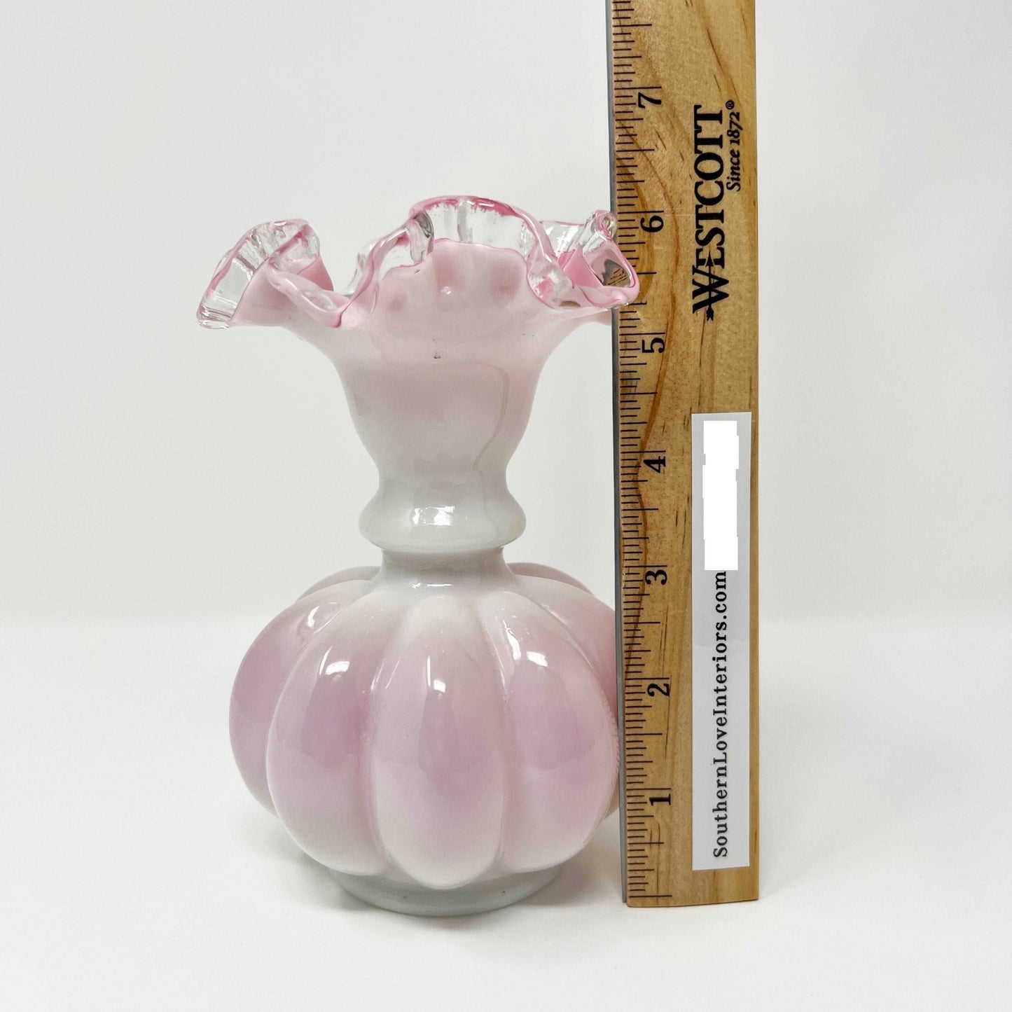 Fenton Peach Crest White Pink Milk Glass Melon Vase - Southern Love Interiors