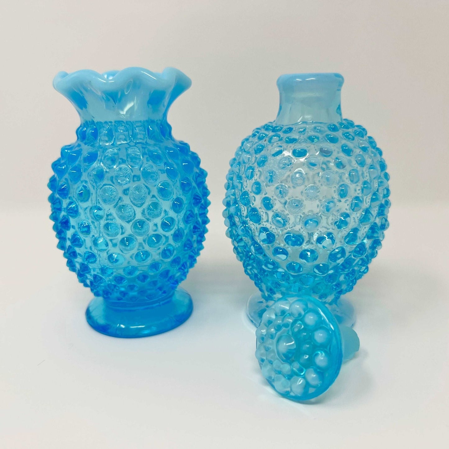 Fenton Vintage Blue Opalescent Glass Hobnail Ruffle Mini Vase & Cologne Bottle - Southern Love Interiors