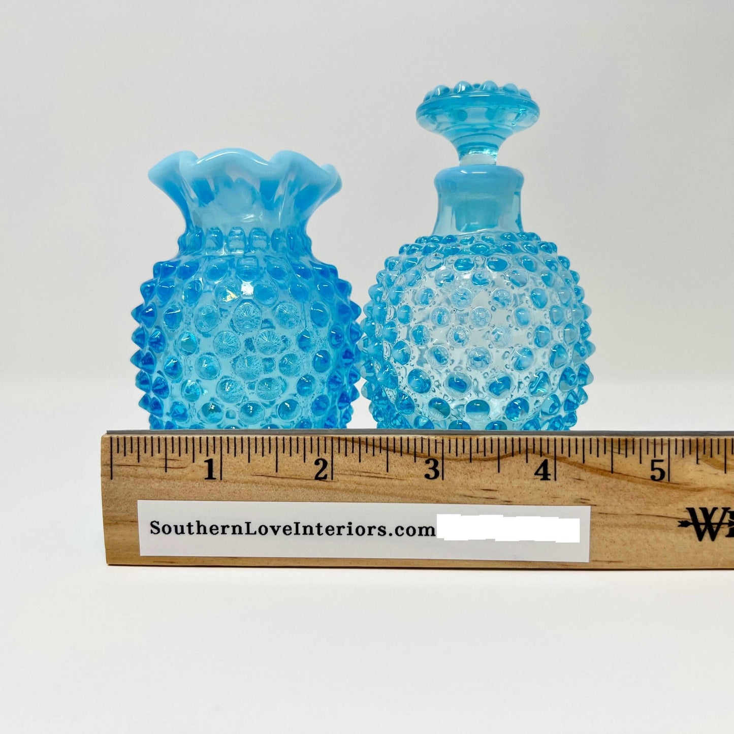 Fenton Vintage Blue Opalescent Glass Hobnail Ruffle Mini Vase & Cologne Bottle - Southern Love Interiors