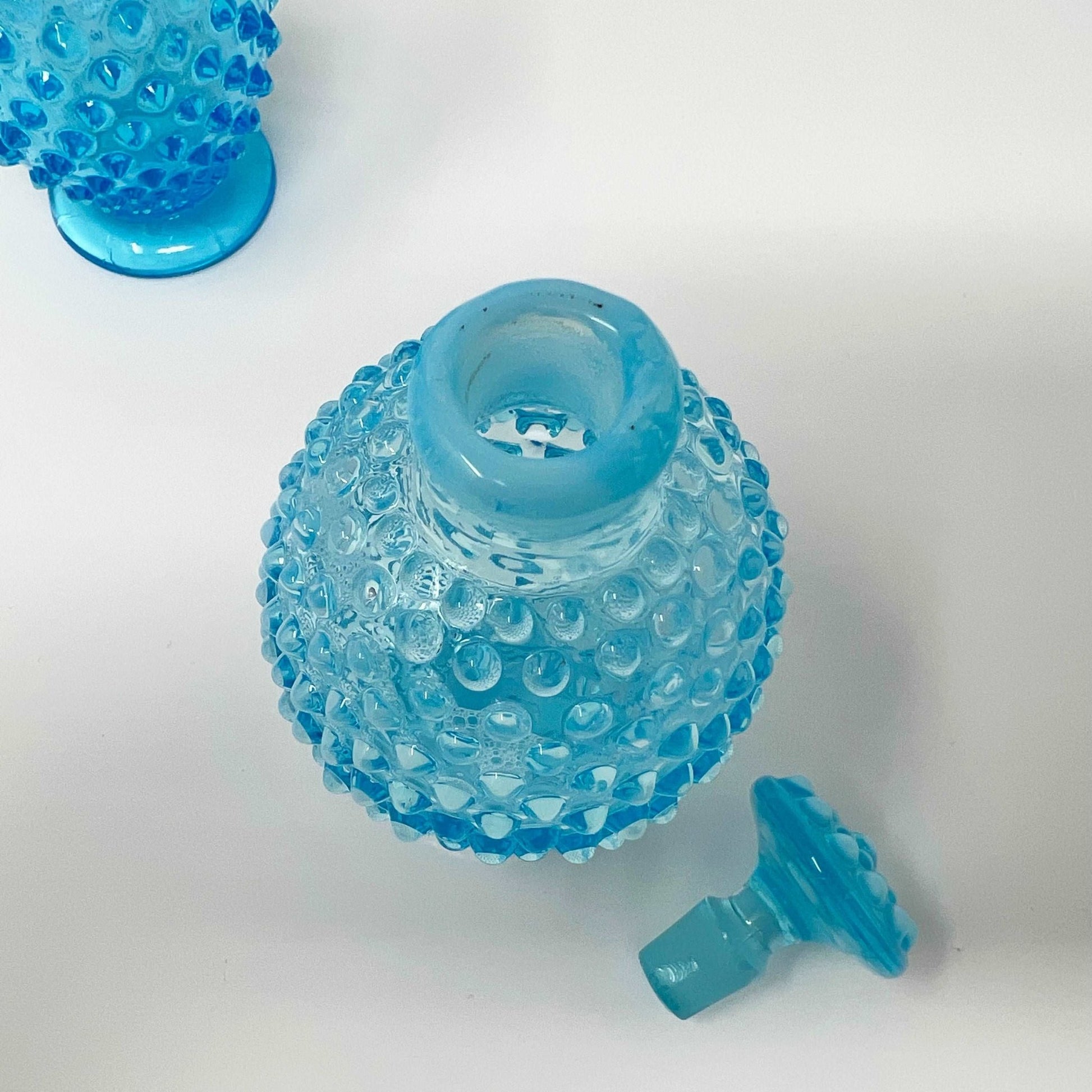 Fenton Vintage Blue Opalescent Glass Hobnail Ruffle Mini Vase & Cologne Bottle - Southern Love Interiors