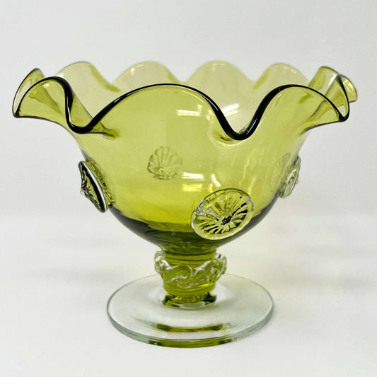 Green Hand Blown Glass Ruffled Top Compote with Applied Glass Trim - Southern Love Interiors