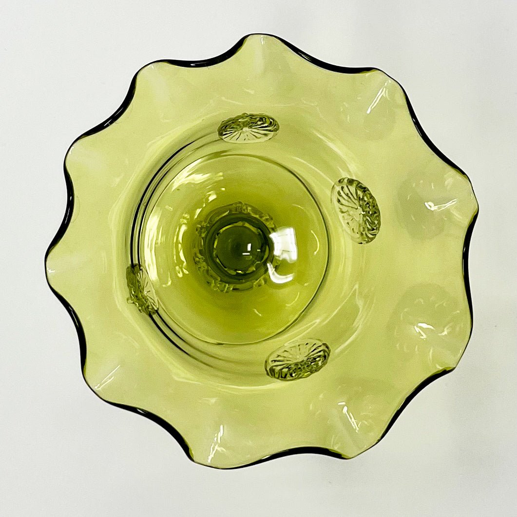 Green Hand Blown Glass Ruffled Top Compote with Applied Glass Trim - Southern Love Interiors