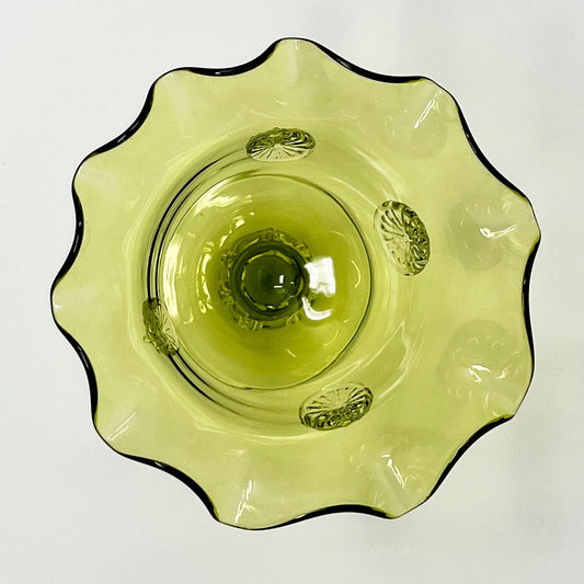 Green Hand Blown Glass Ruffled Top Compote with Applied Glass Trim - Southern Love Interiors