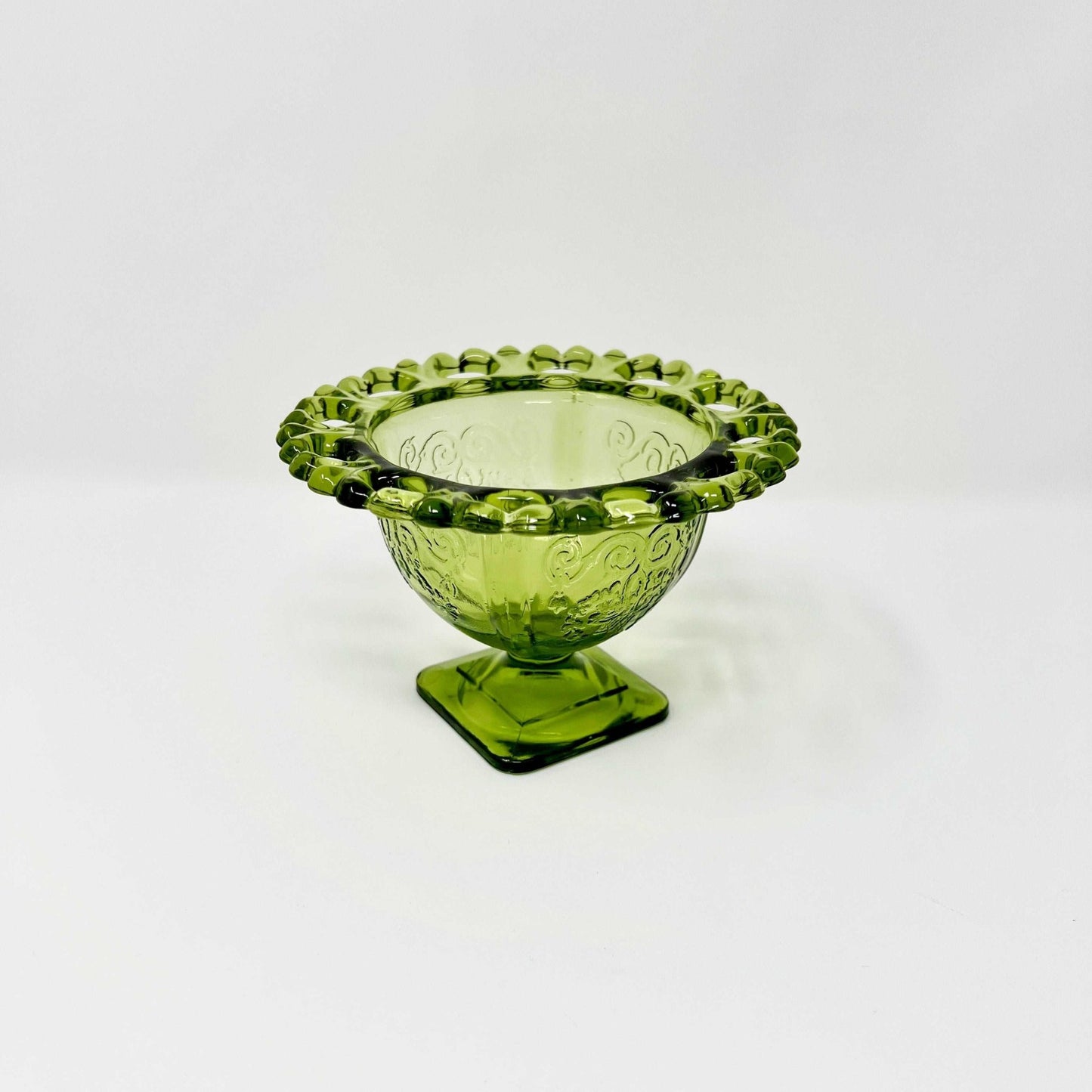 Indiana Glass Lorain Pattern Footed Sorbet Bowl Basket Design Green Open Lace - Southern Love Interiors