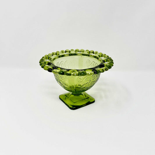 Indiana Glass Lorain Pattern Footed Sorbet Bowl Basket Design Green Open Lace - Southern Love Interiors