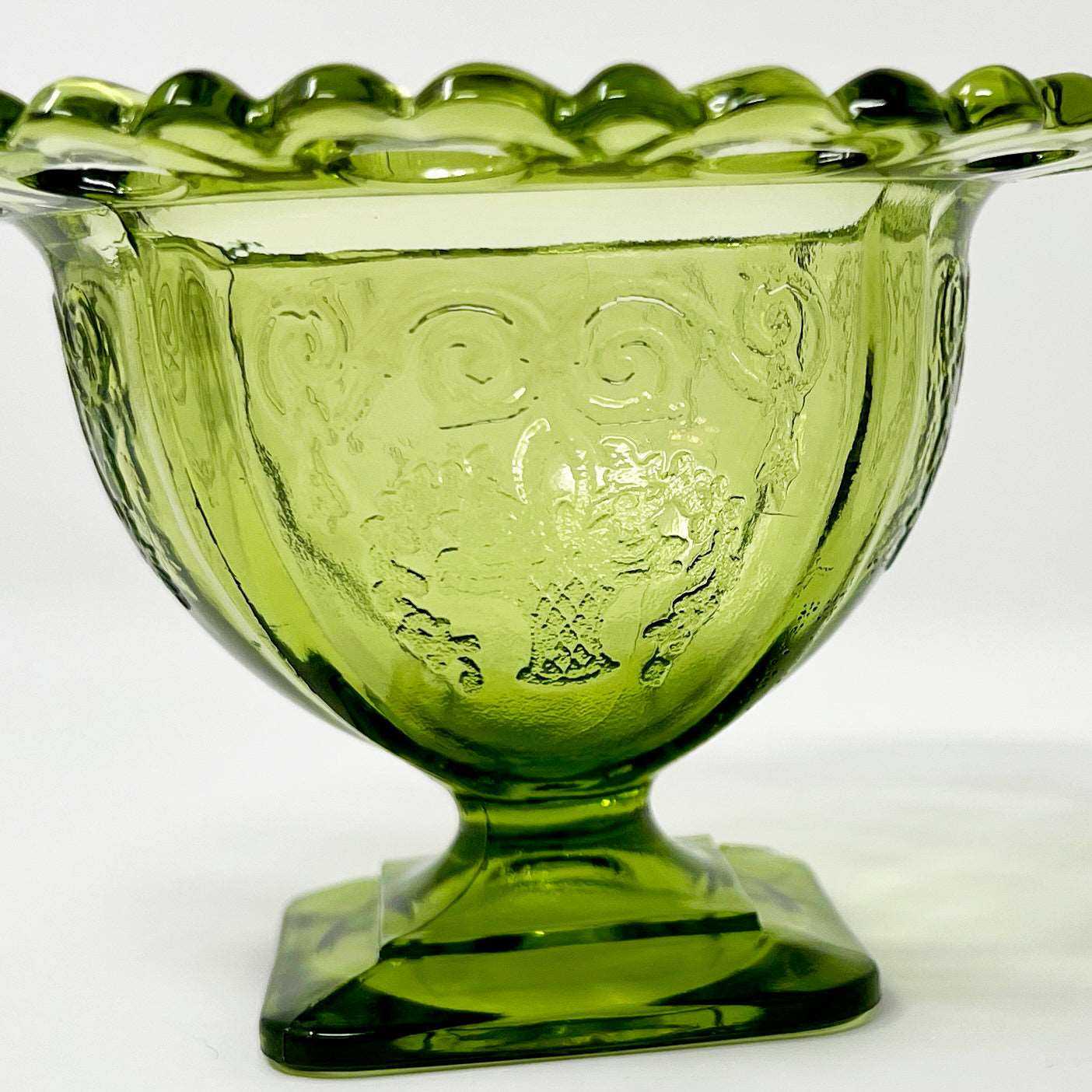 Indiana Glass Lorain Pattern Footed Sorbet Bowl Basket Design Green Open Lace - Southern Love Interiors