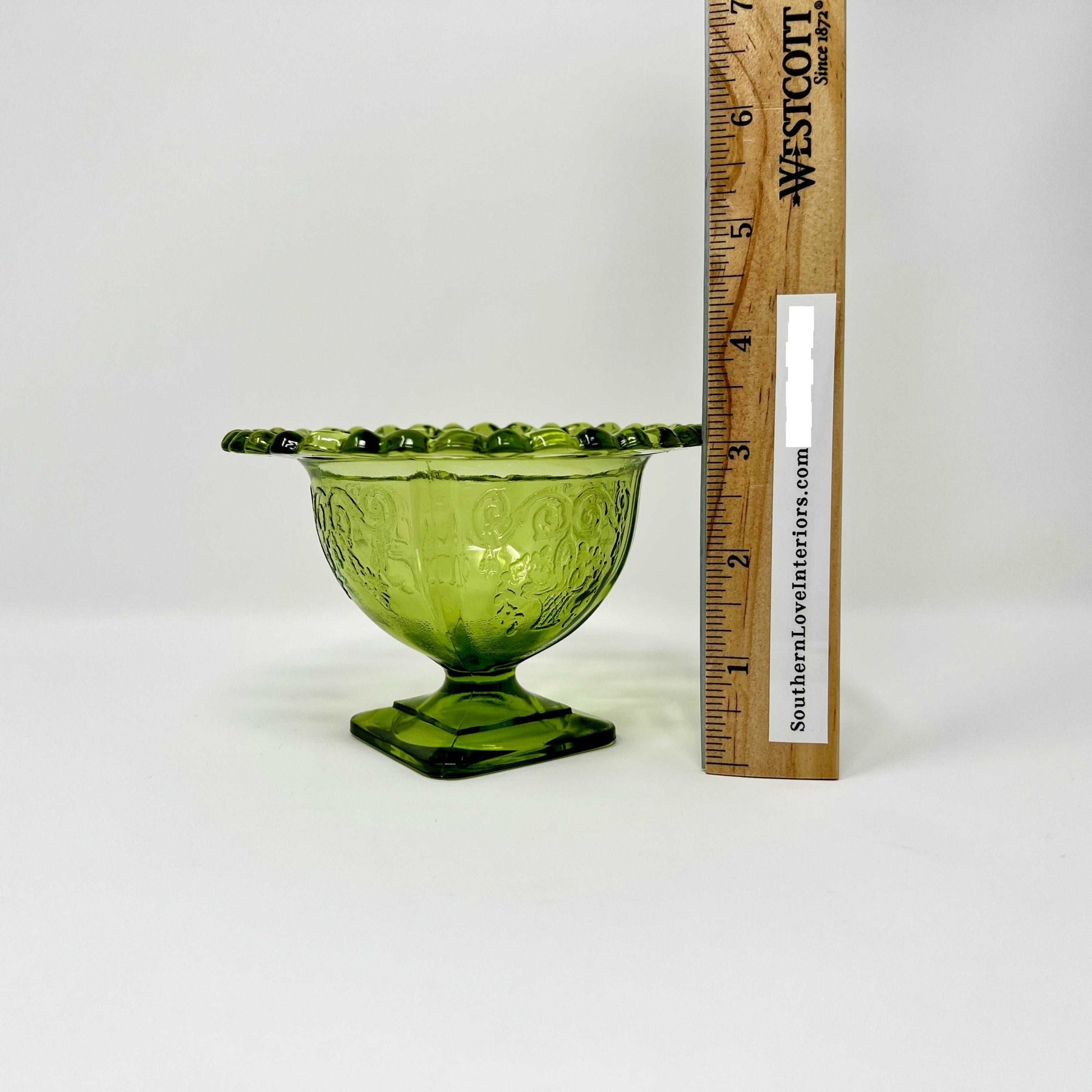 Indiana Glass Lorain Pattern Footed Sorbet Bowl Basket Design Green Open Lace - Southern Love Interiors