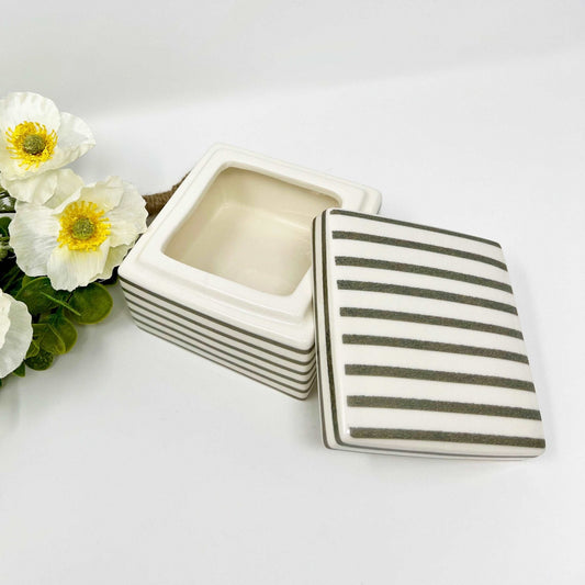 J. Crew Medium Grey Striped Ceramic Trinket Jewelry Box - Southern Love Interiors