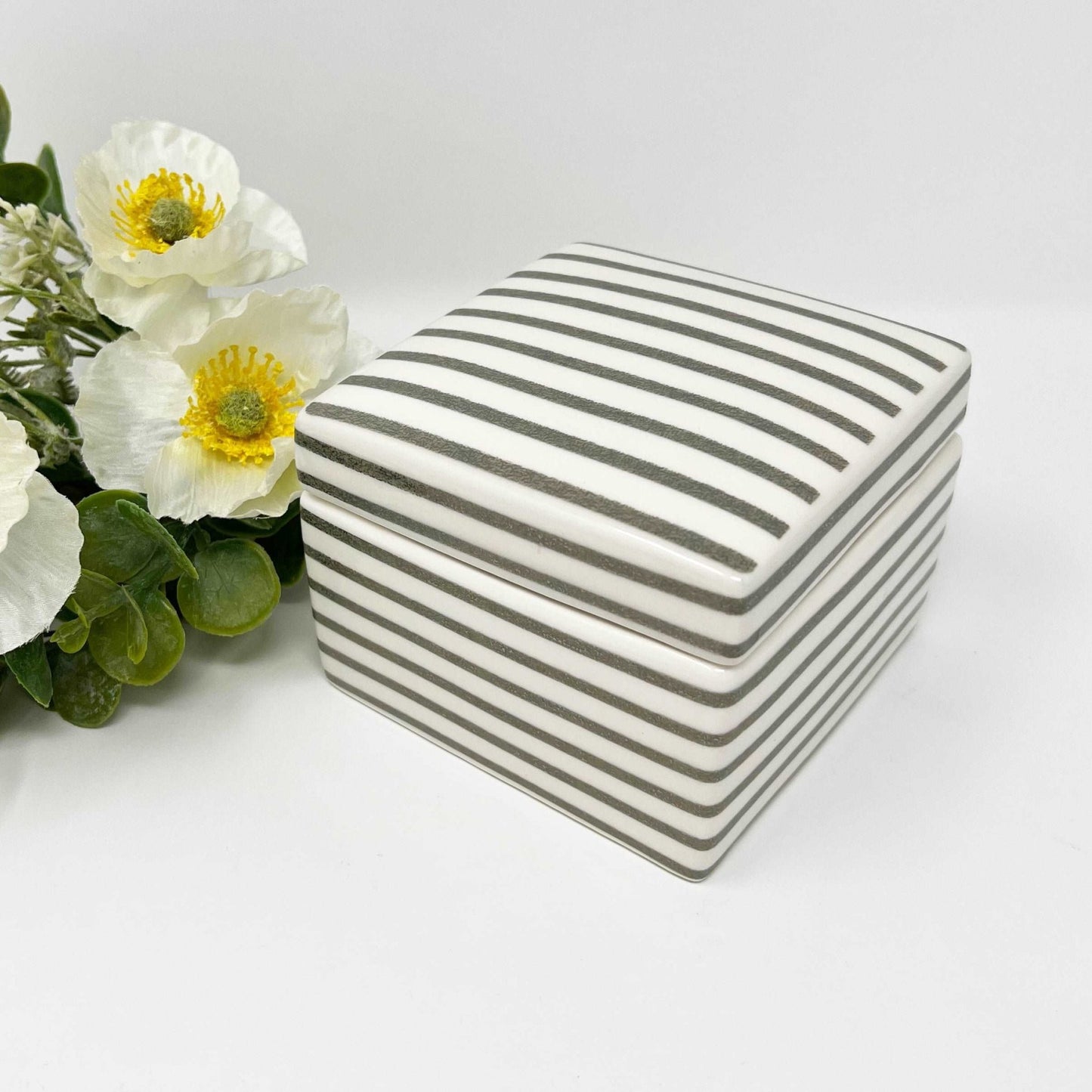 J. Crew Medium Grey Striped Ceramic Trinket Jewelry Box - Southern Love Interiors