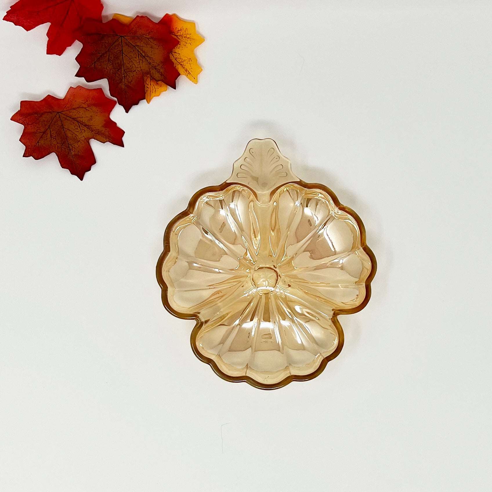 Jeanette Glass Company 3 compartment Marigold Opalescent Glass Three Leaf Clover Dish Doric Pattern - Southern Love Interiors