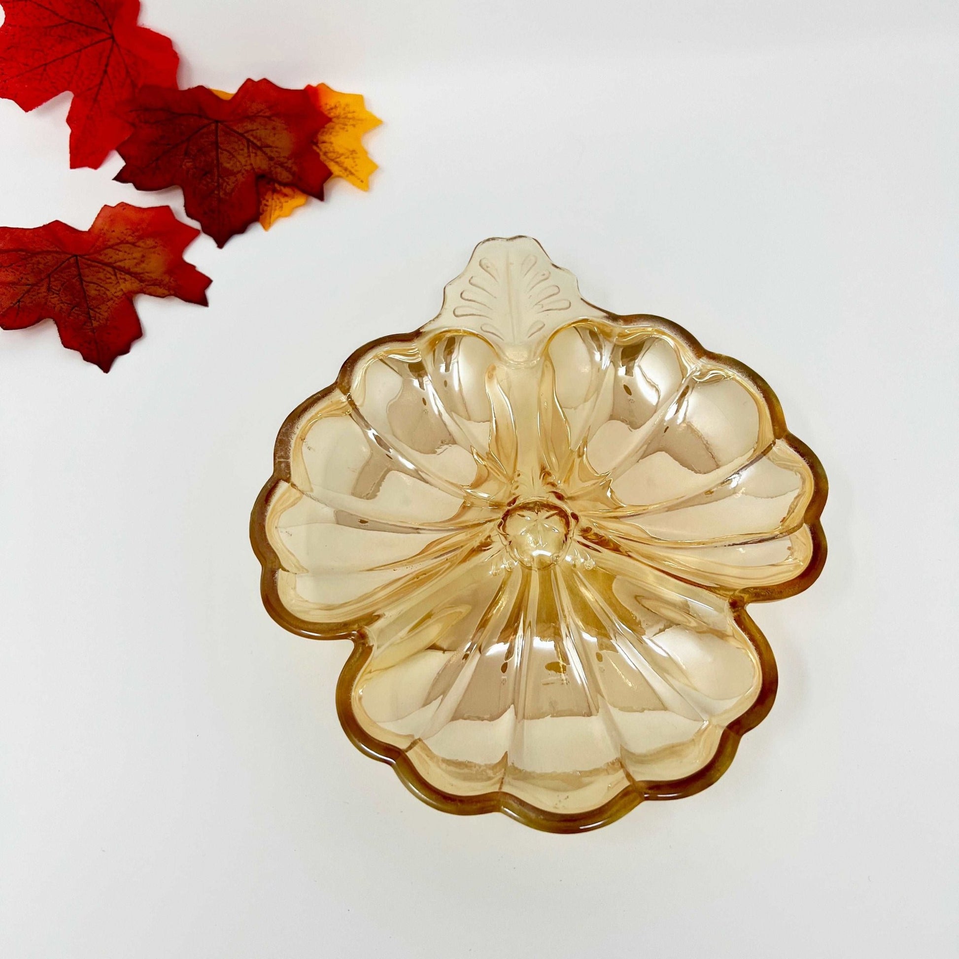 Jeanette Glass Company 3 compartment Marigold Opalescent Glass Three Leaf Clover Dish Doric Pattern - Southern Love Interiors