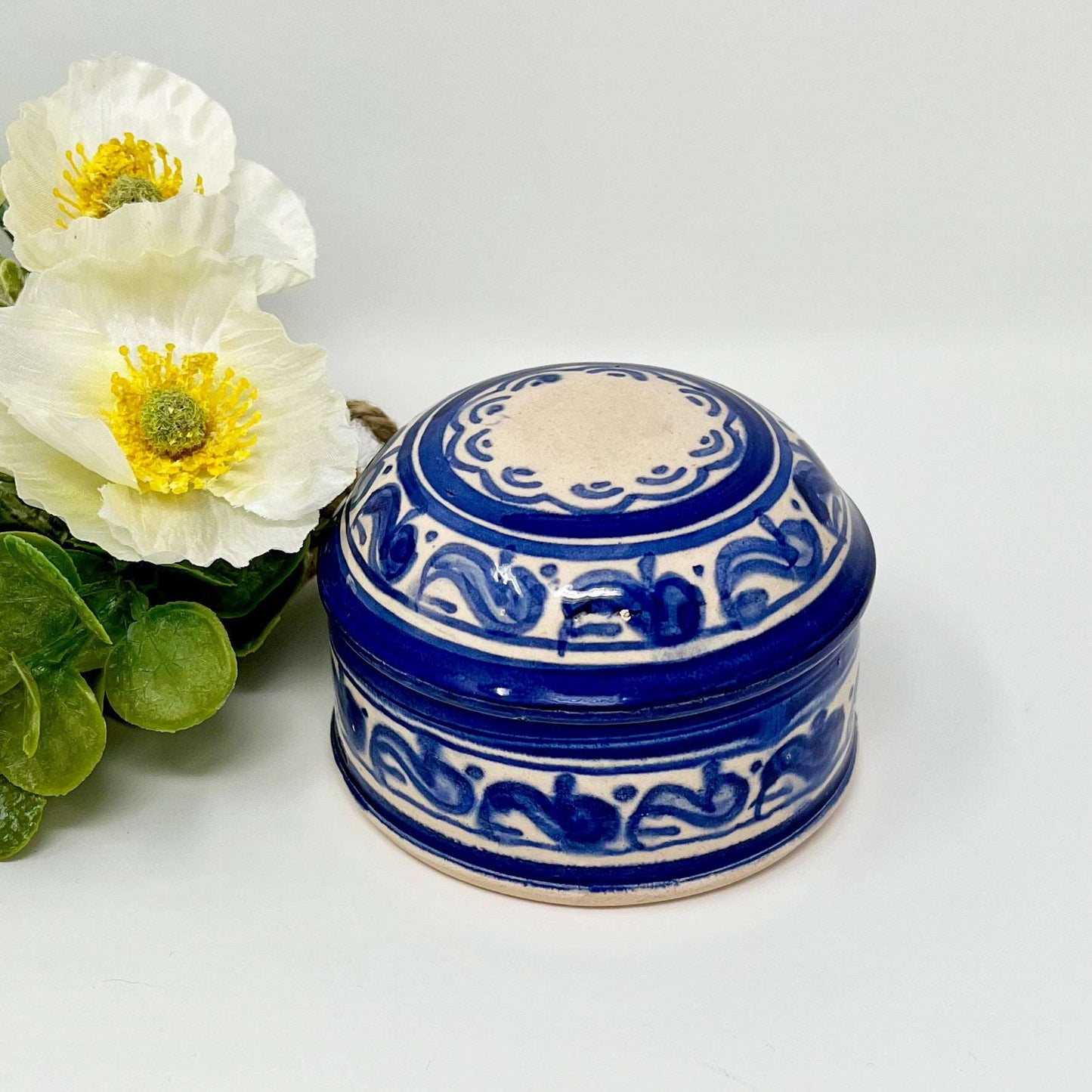 Moroccan Trinket / Jewelry Box Handcrafted Blue Painted and Ivory Base Color Pottery - Vintage Signed & Made in Morocco - Southern Love Interiors