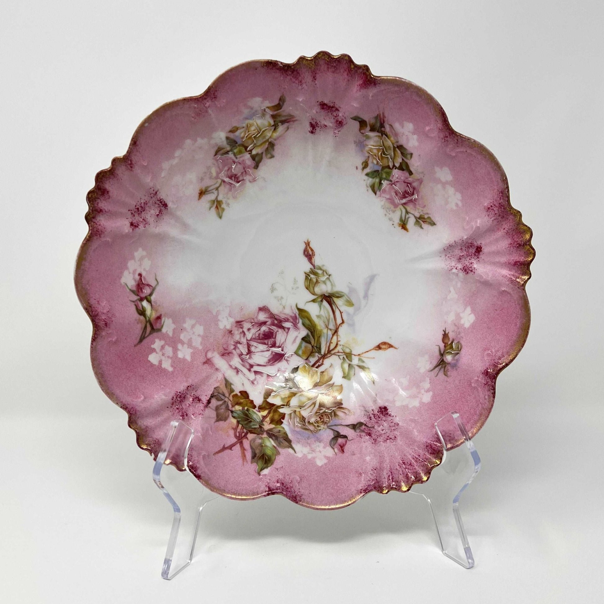 Pink Rose Floral Embossed Hand Painted Porcelain Serving Bowl w/ Gold Trim Scalloped Edges - Southern Love Interiors