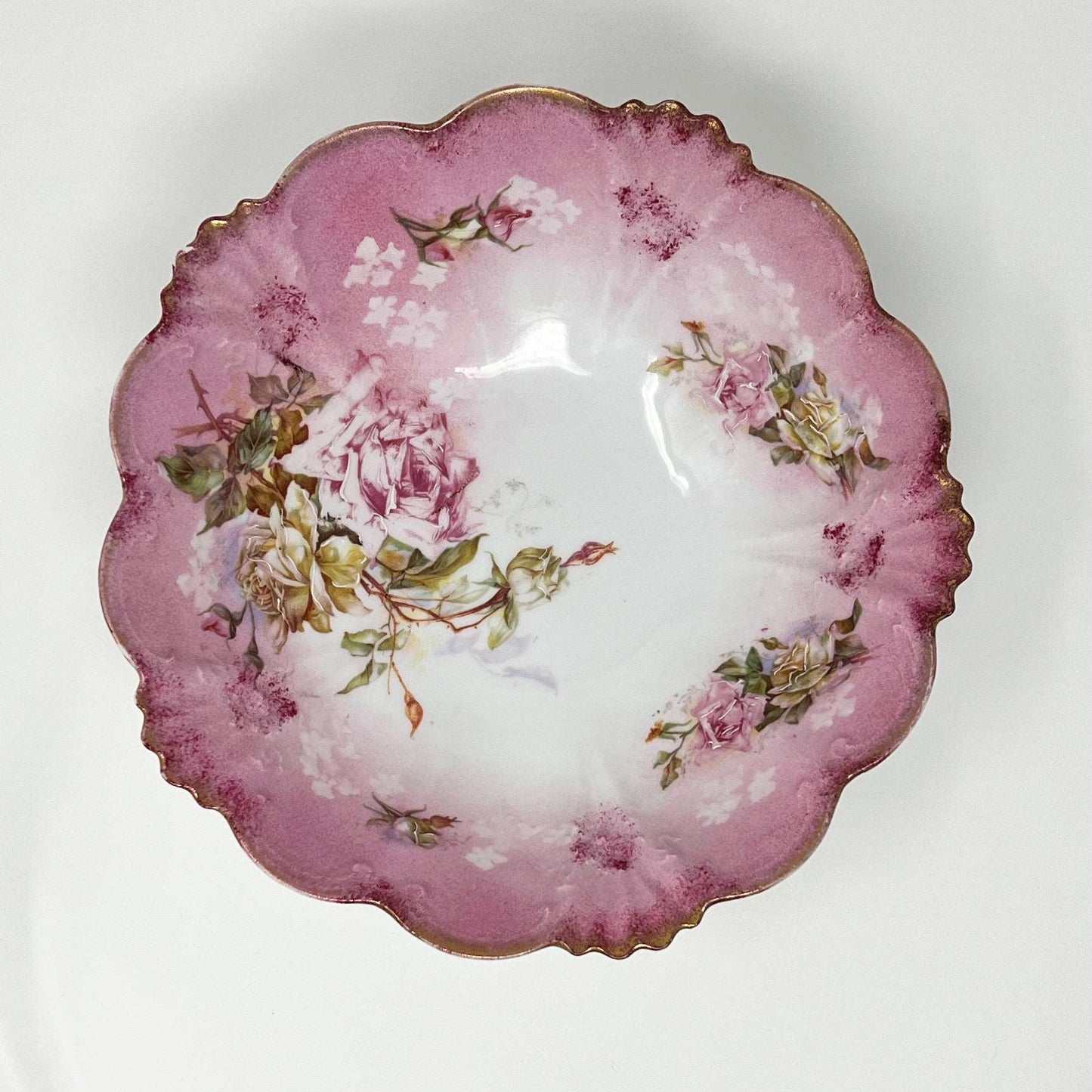 Pink Rose Floral Embossed Hand Painted Porcelain Serving Bowl w/ Gold Trim Scalloped Edges - Southern Love Interiors