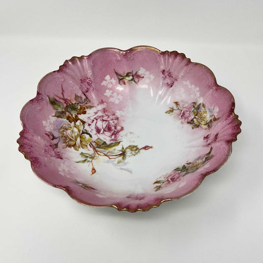 Pink Rose Floral Embossed Hand Painted Porcelain Serving Bowl w/ Gold Trim Scalloped Edges - Southern Love Interiors