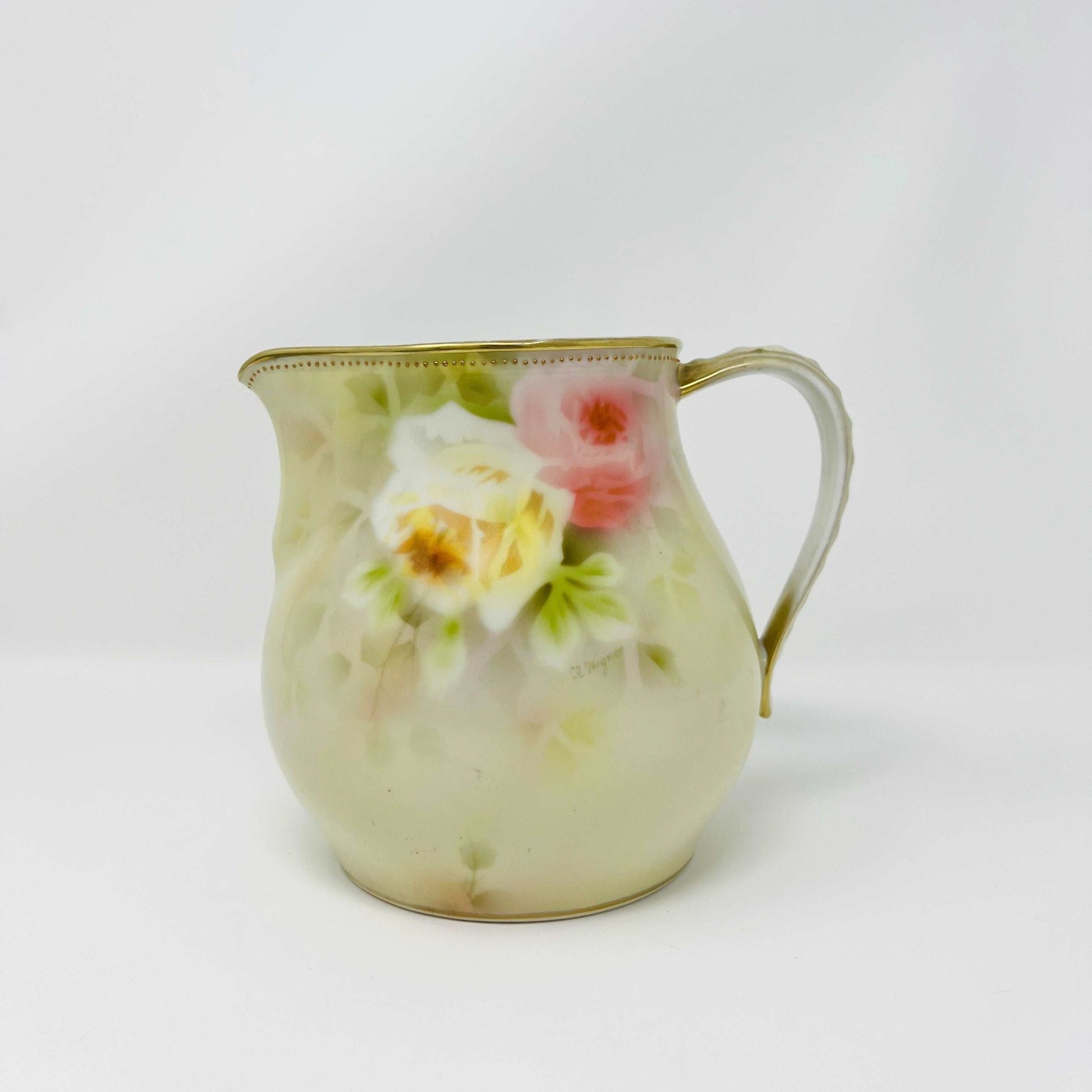 Royal Bayreuth Bavaria 'Roses' Pitcher - Porcelain Handpainted Roses with Gold Rim and Applied Beading by Gloire de Dijon - Circa 1902 - 1920's (Blue Mark) - Southern Love Interiors