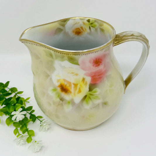 Royal Bayreuth Bavaria 'Roses' Pitcher - Porcelain Handpainted Roses with Gold Rim and Applied Beading by Gloire de Dijon - Circa 1902 - 1920's (Blue Mark) - Southern Love Interiors