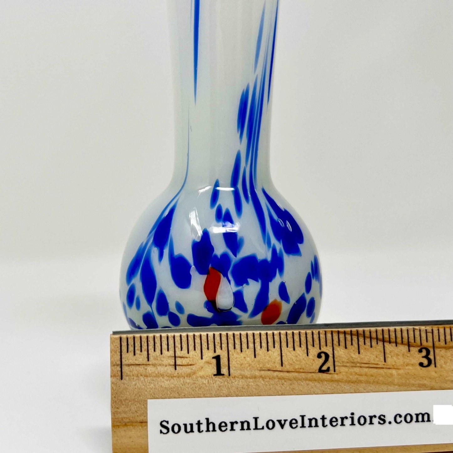 White Glass Blown Bud Vase with Cobalt Blue and Red Murano style - Southern Love Interiors