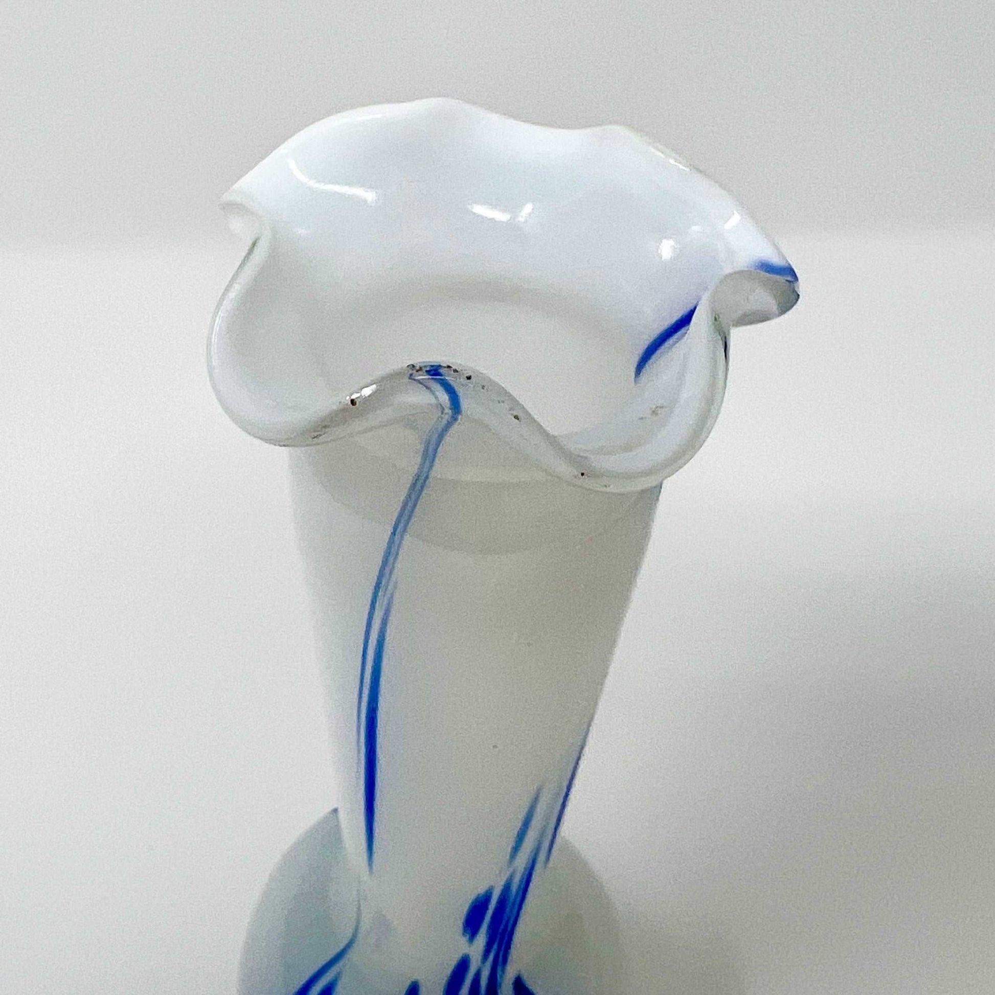 White Glass Blown Bud Vase with Cobalt Blue and Red Murano style - Southern Love Interiors