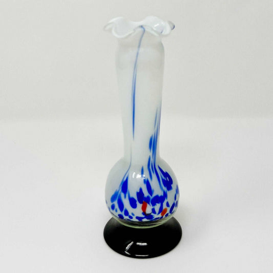 White Glass Blown Bud Vase with Cobalt Blue and Red Murano style - Southern Love Interiors